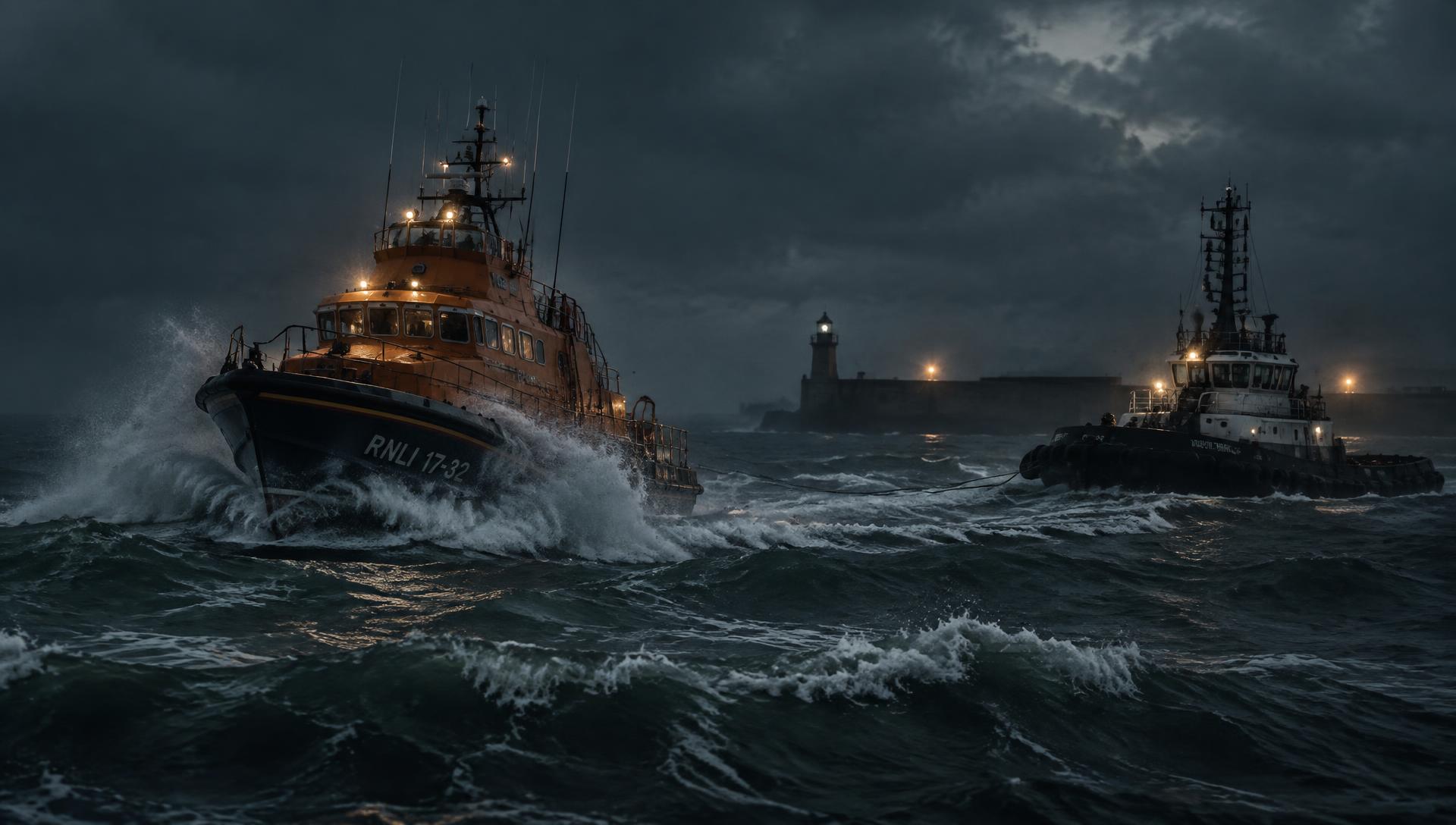 Rescue boat and harbour tug working in heavy weather at dusk